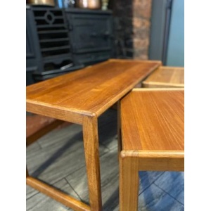 Trio of solid teak mid century vintage retro side tables expertly finished