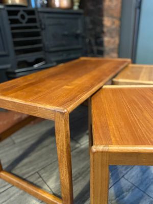 Trio of solid teak mid century vintage retro side tables expertly finished