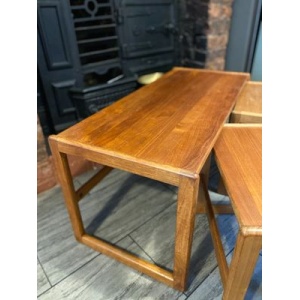Trio of solid teak mid century vintage retro side tables expertly finished