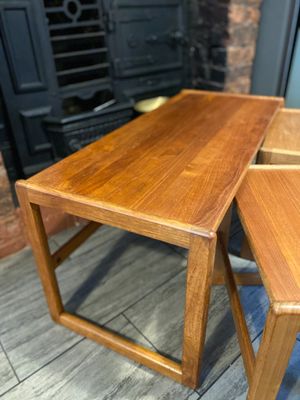 Trio of solid teak mid century vintage retro side tables expertly finished