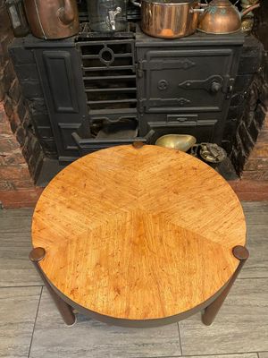 1950's Round three legged drum table in the style of Wormley for Dunbar