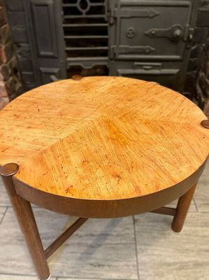 1950's Round three legged drum table in the style of Wormley for Dunbar