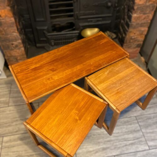 Trio of solid teak mid century vintage retro side tables expertly finished