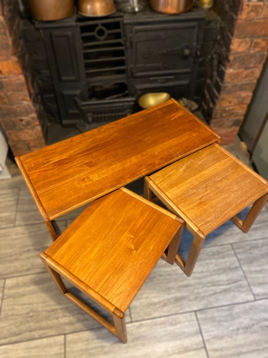 Trio of solid teak mid century vintage retro side tables expertly finished