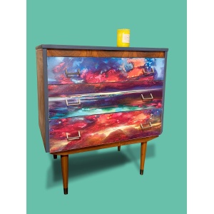 1950s chest of drawers with Neon bright abstract digital print decoupage front
