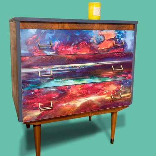 1950s chest of drawers with Neon bright abstract digital print decoupage front