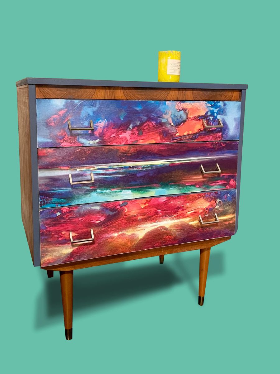 1950s chest of drawers with Neon bright abstract digital print decoupage front