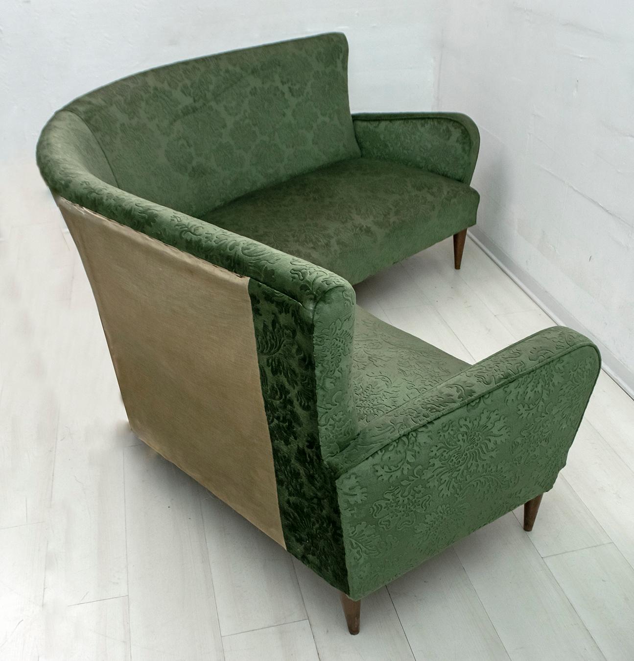 Mid-Century Modern Italian Damask Velvet Corner Sofa, 1950s