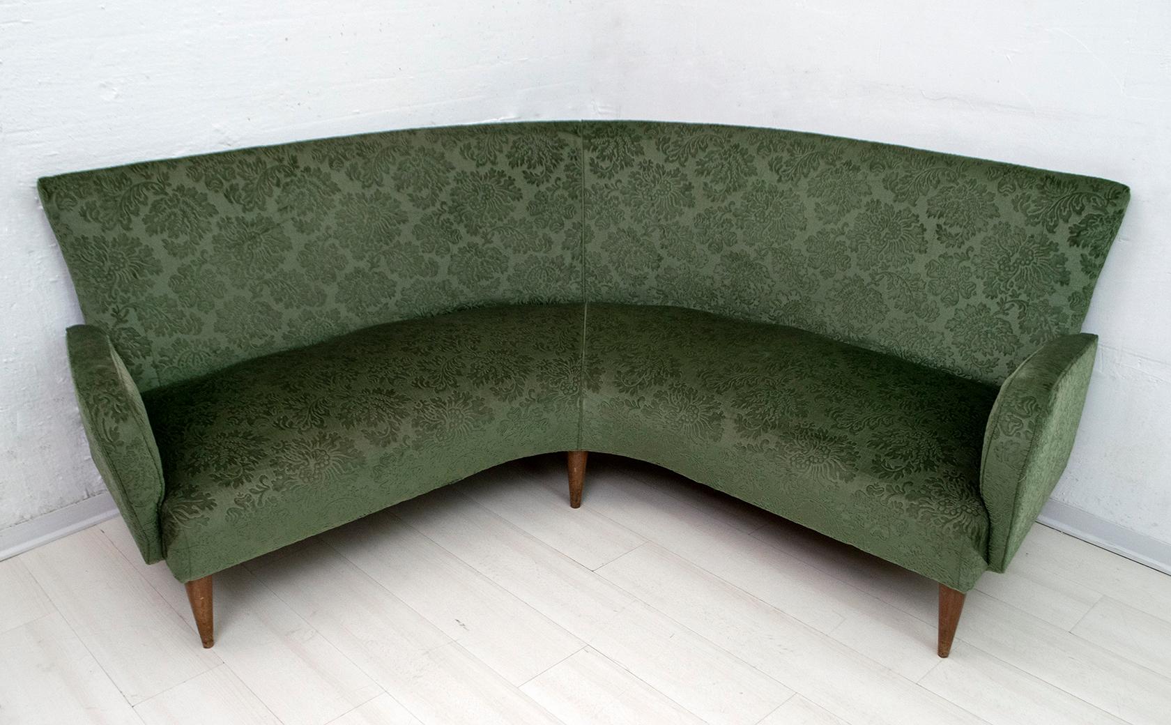 Mid-Century Modern Italian Damask Velvet Corner Sofa, 1950s