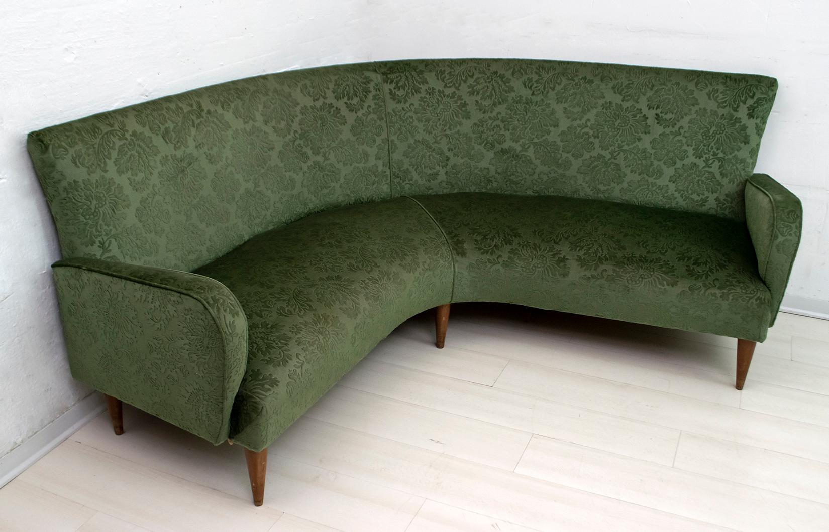 Mid-Century Modern Italian Damask Velvet Corner Sofa, 1950s