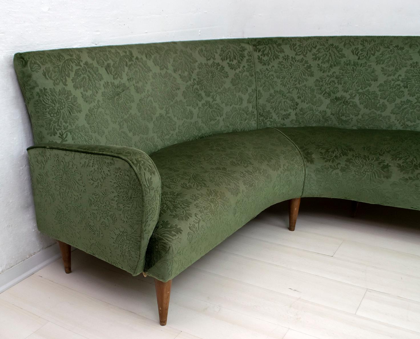 Mid-Century Modern Italian Damask Velvet Corner Sofa, 1950s