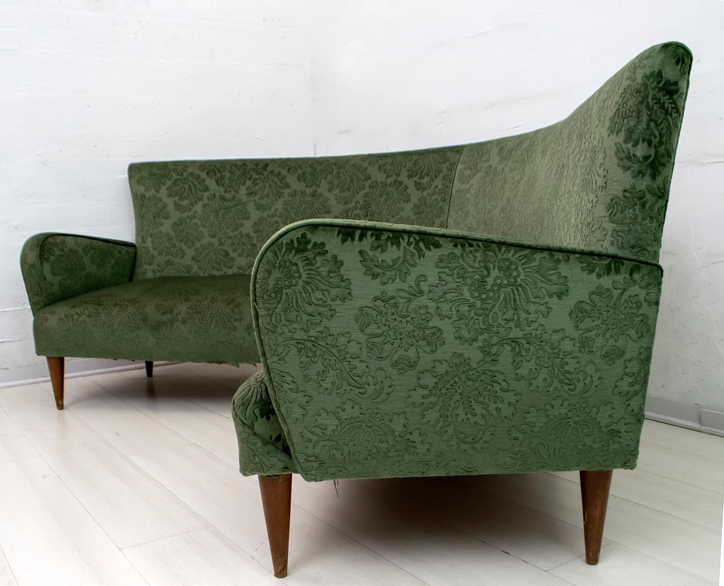 Mid-Century Modern Italian Damask Velvet Corner Sofa, 1950s