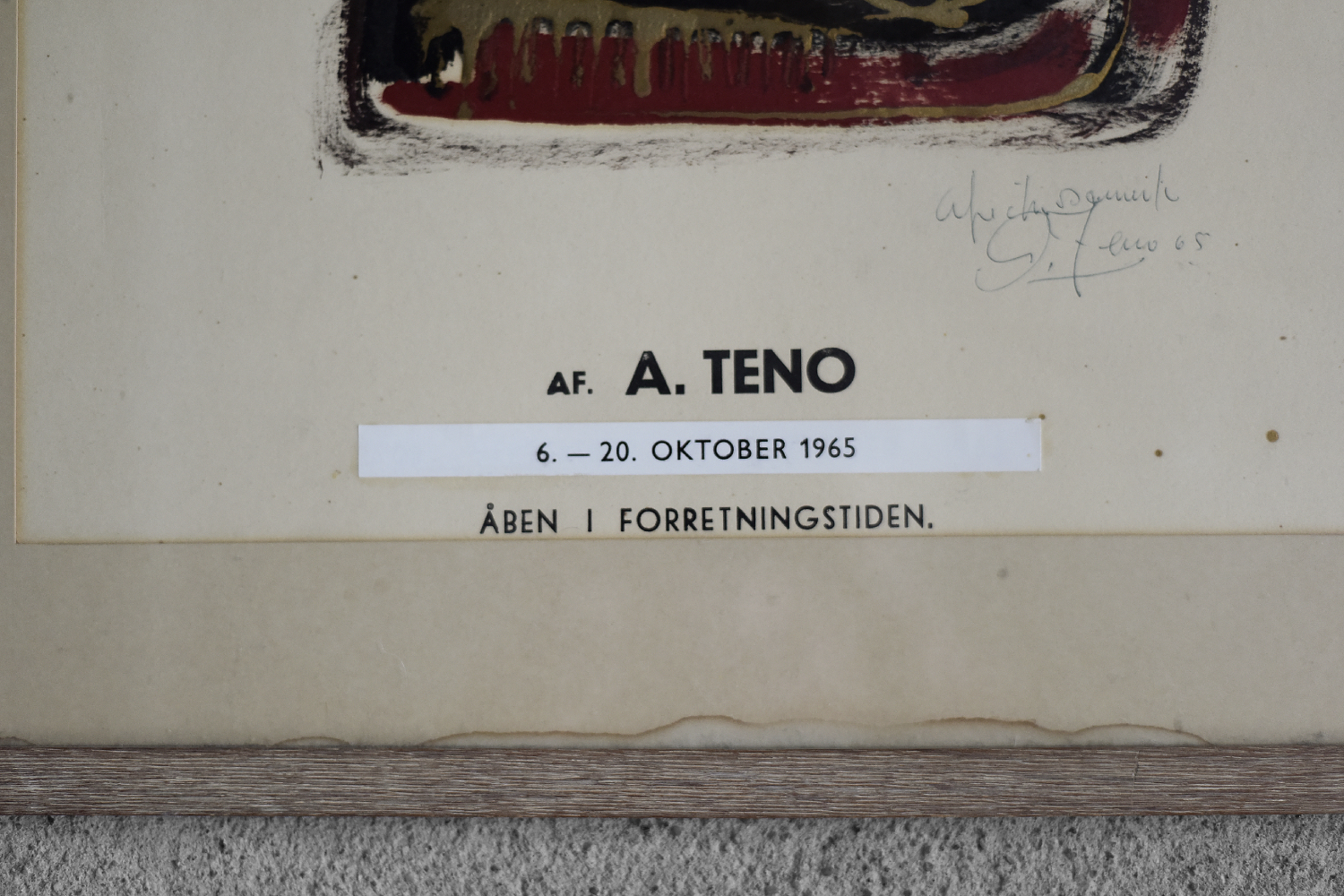 Original Poster from the Exhibition of Aurelio Teno, Denmark, 1965, Framed