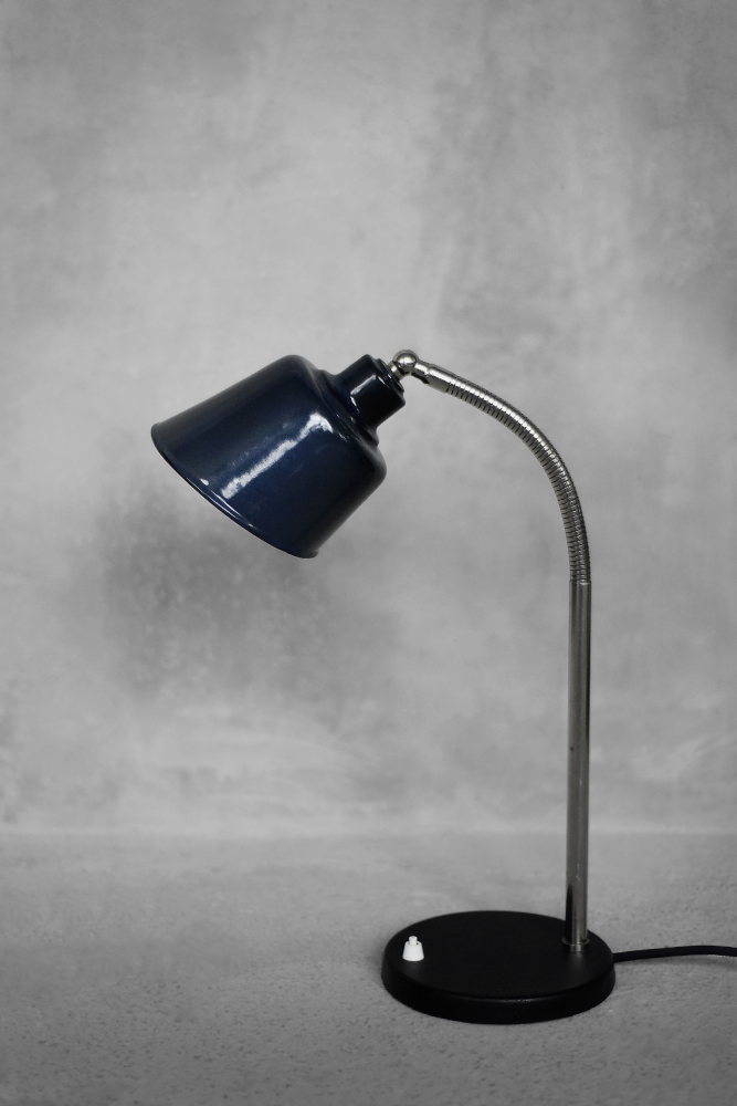 Vintage Classic Industrial Metal Polish Desk Lamp with Enamel Blue Shade, 1950s