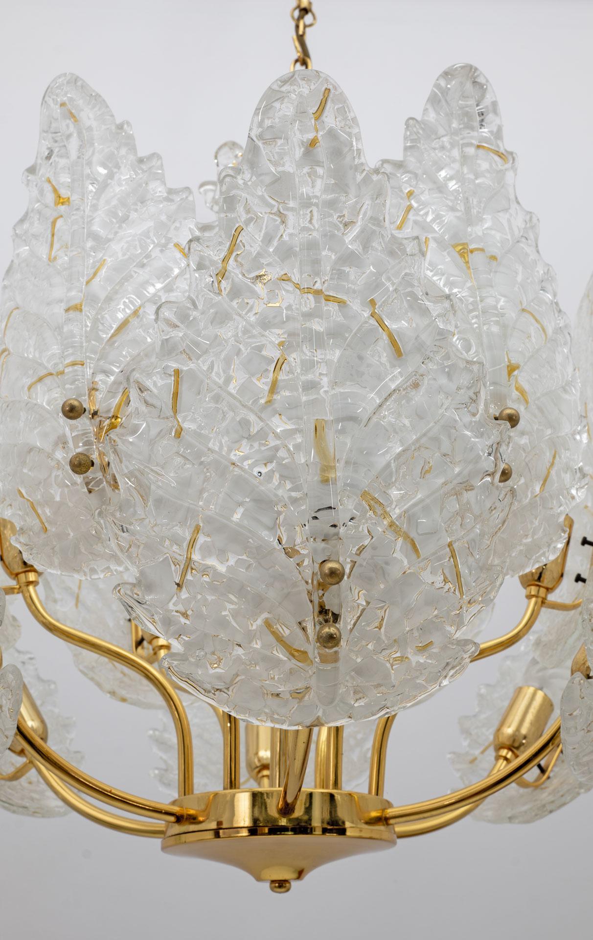 Mid-Century Modern Italian Brass and Murano Glass Chandelier, 1970s