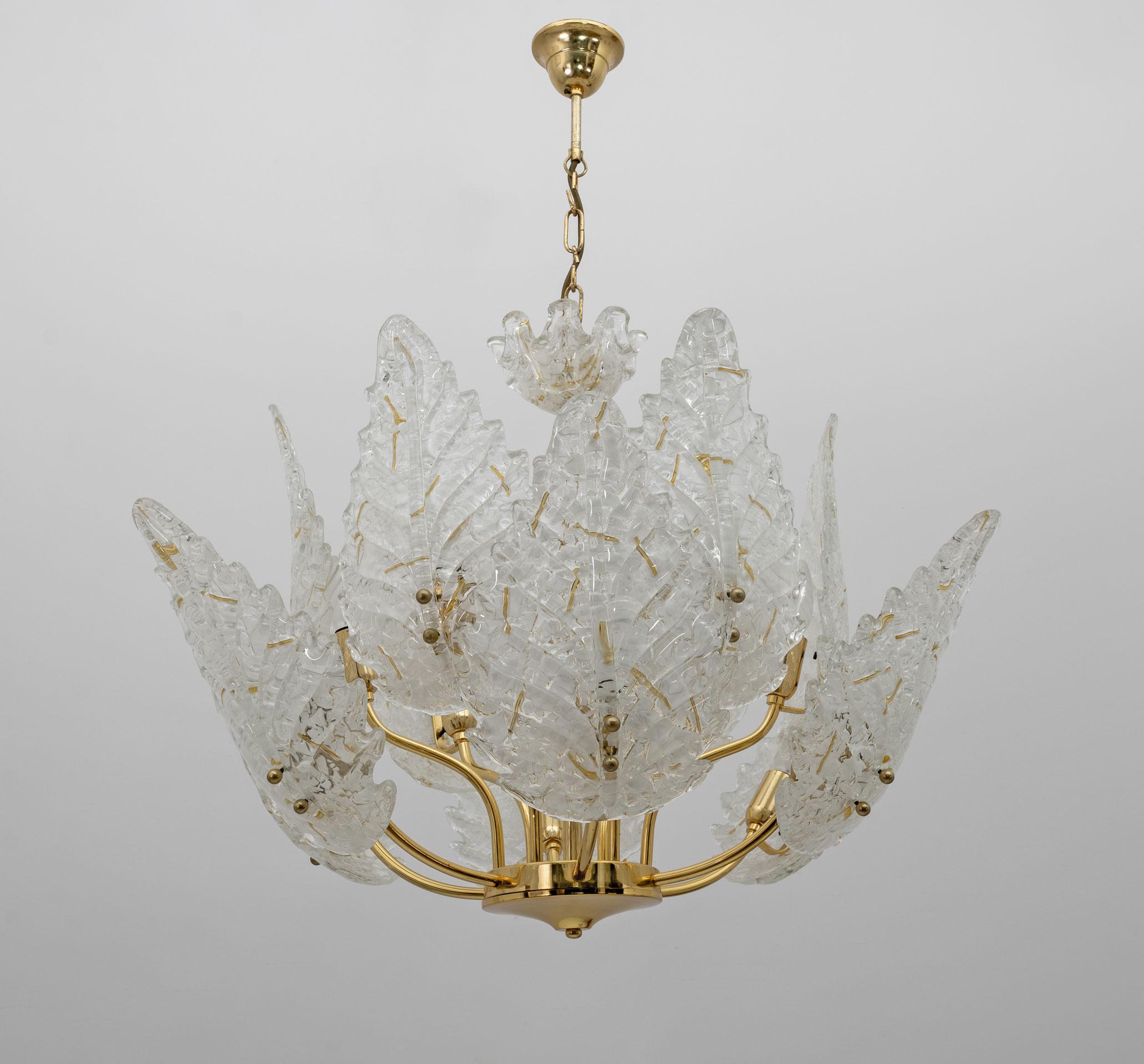 Mid-Century Modern Italian Brass and Murano Glass Chandelier, 1970s