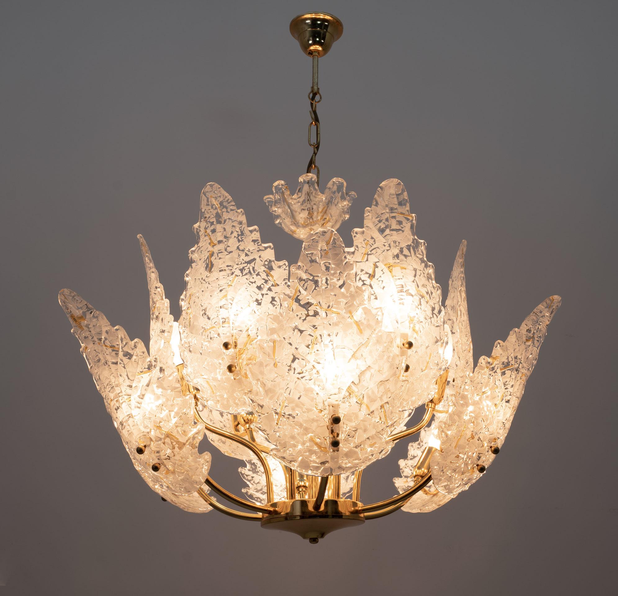 Mid-Century Modern Italian Brass and Murano Glass Chandelier, 1970s