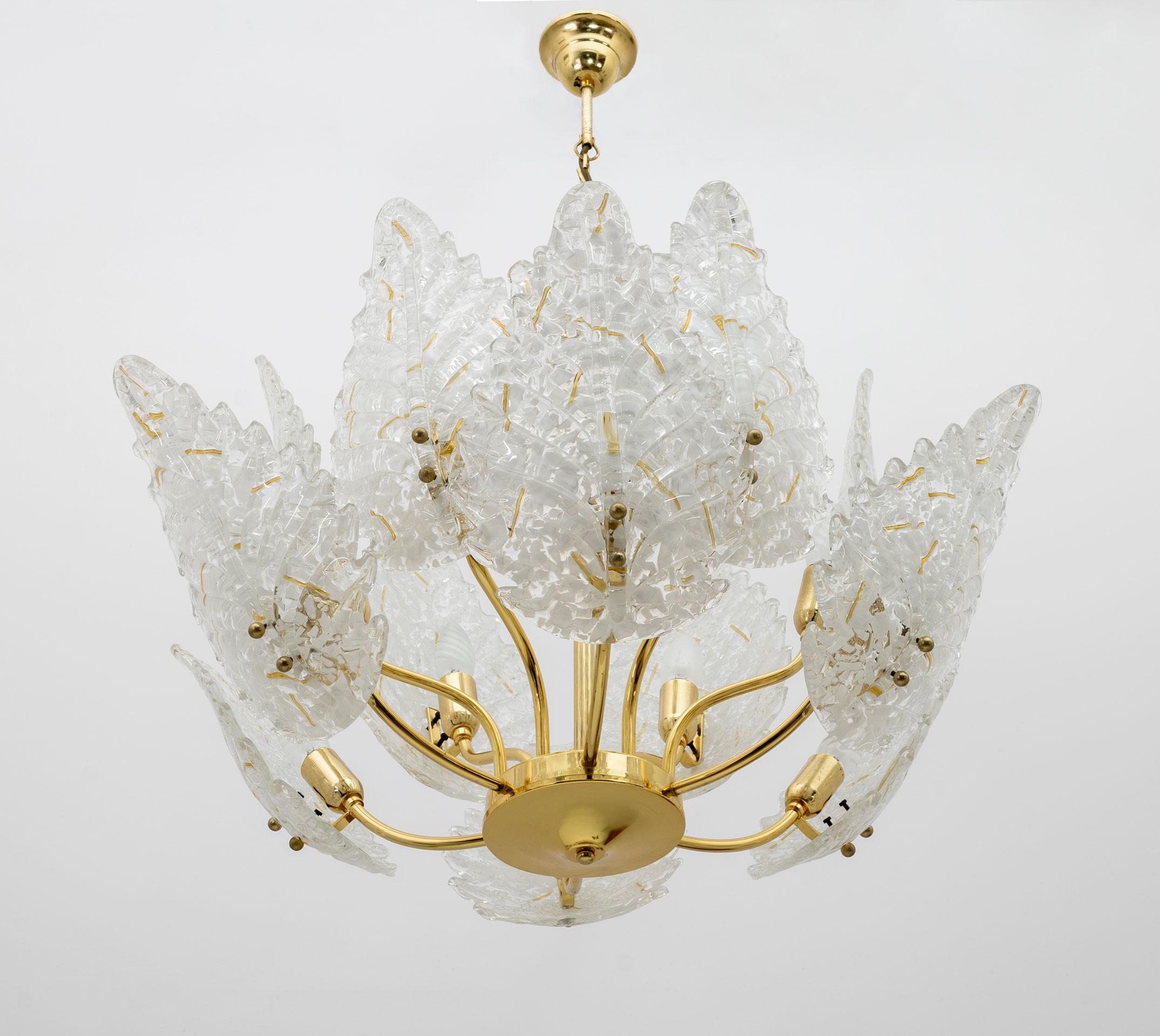 Mid-Century Modern Italian Brass and Murano Glass Chandelier, 1970s