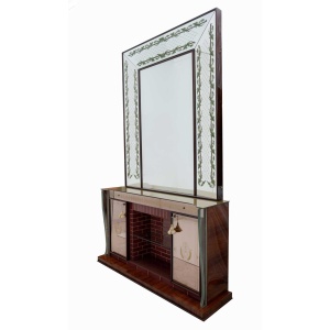 Luigi Brusotti Mid-Century Modern Italian Bar Cabinet with Decorated Mirror, 40s