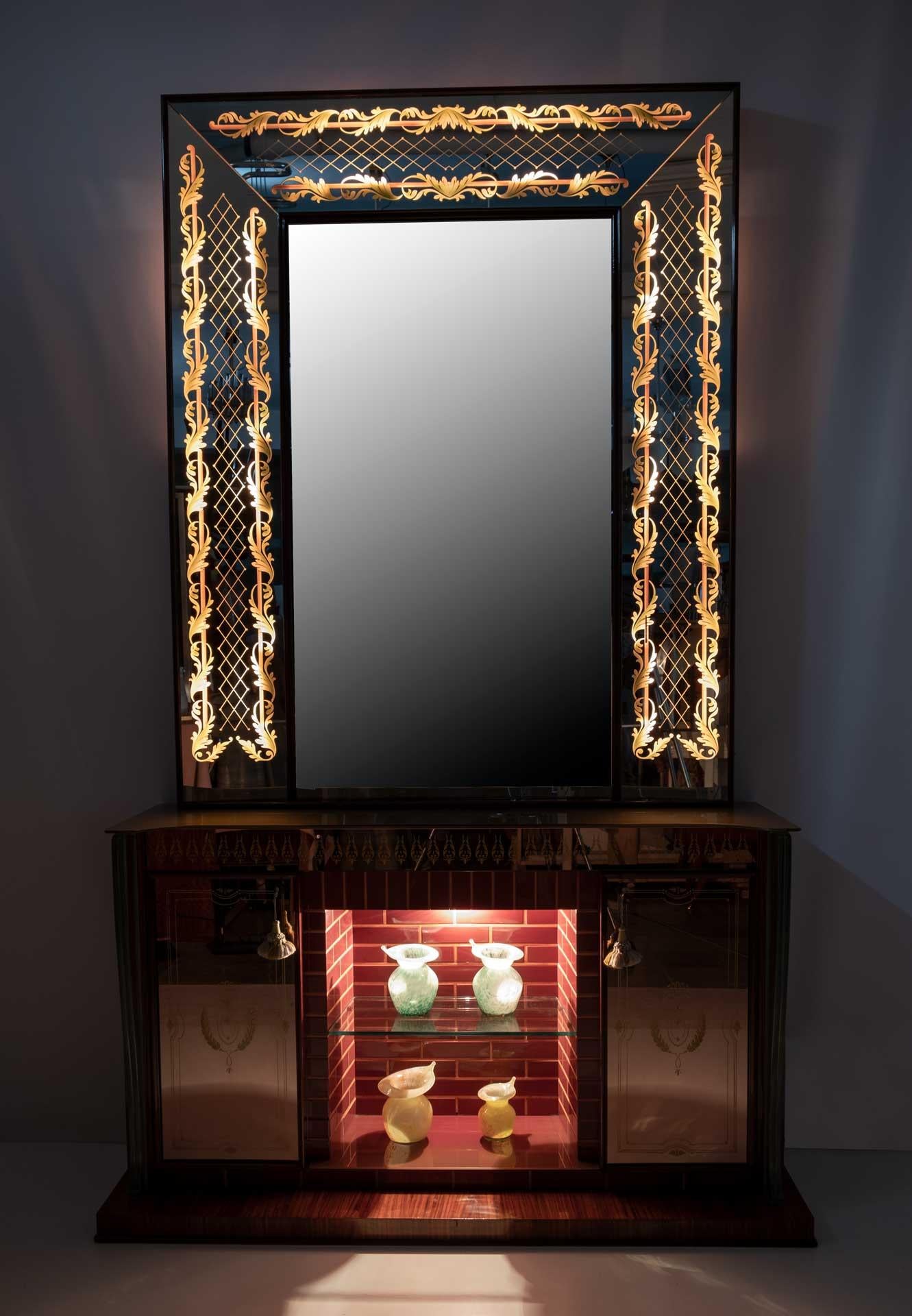 Luigi Brusotti Mid-Century Modern Italian Bar Cabinet with Decorated Mirror, 40s
