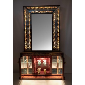 Luigi Brusotti Mid-Century Modern Italian Bar Cabinet with Decorated Mirror, 40s