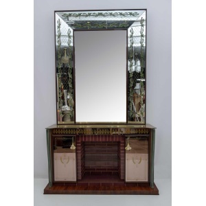 Luigi Brusotti Mid-Century Modern Italian Bar Cabinet with Decorated Mirror, 40s