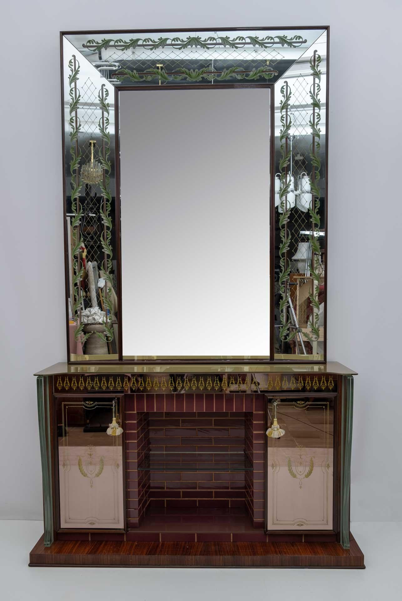 Luigi Brusotti Mid-Century Modern Italian Bar Cabinet with Decorated Mirror, 40s