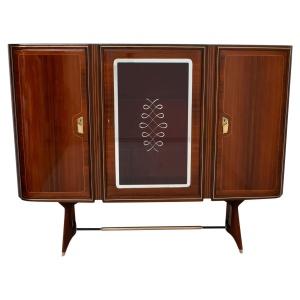 Attributed Gio Ponti Mid-Century Italian Mahogany and Brass Bar Cabinet, 1950s