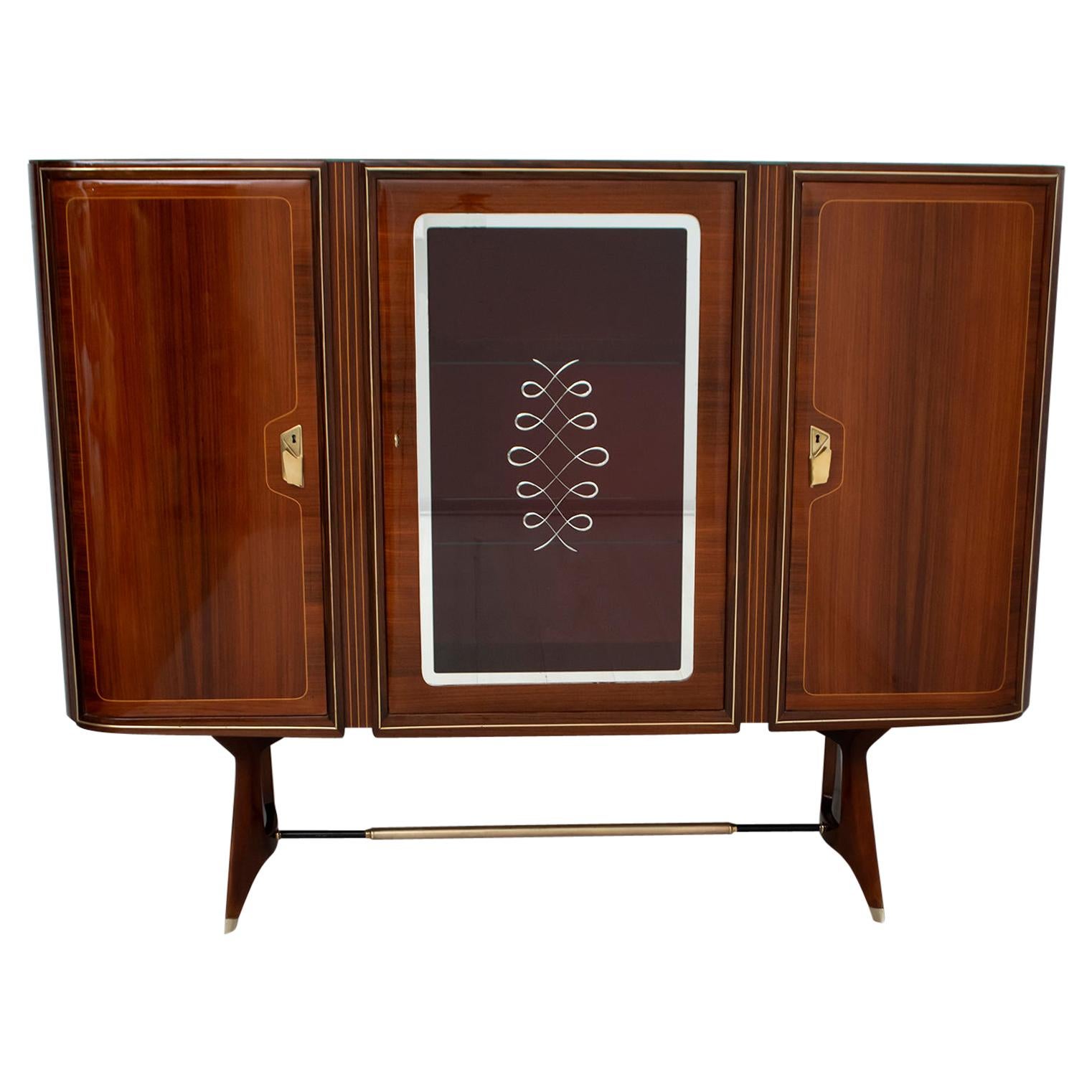 Attributed Gio Ponti Mid-Century Italian Mahogany and Brass Bar Cabinet, 1950s