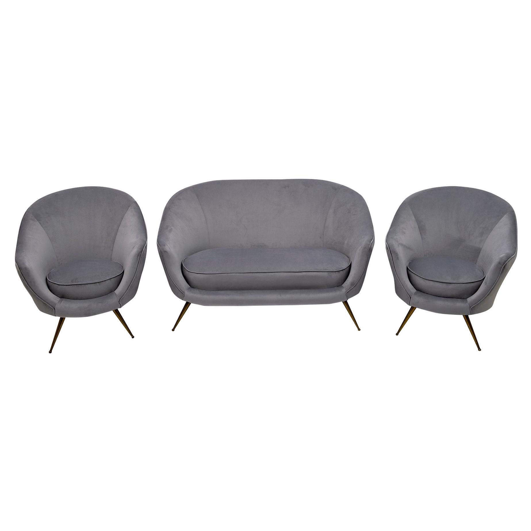 Federico Munari Mid-Century Modern Italian Curved Sofa and Two Armchairs, 1950s