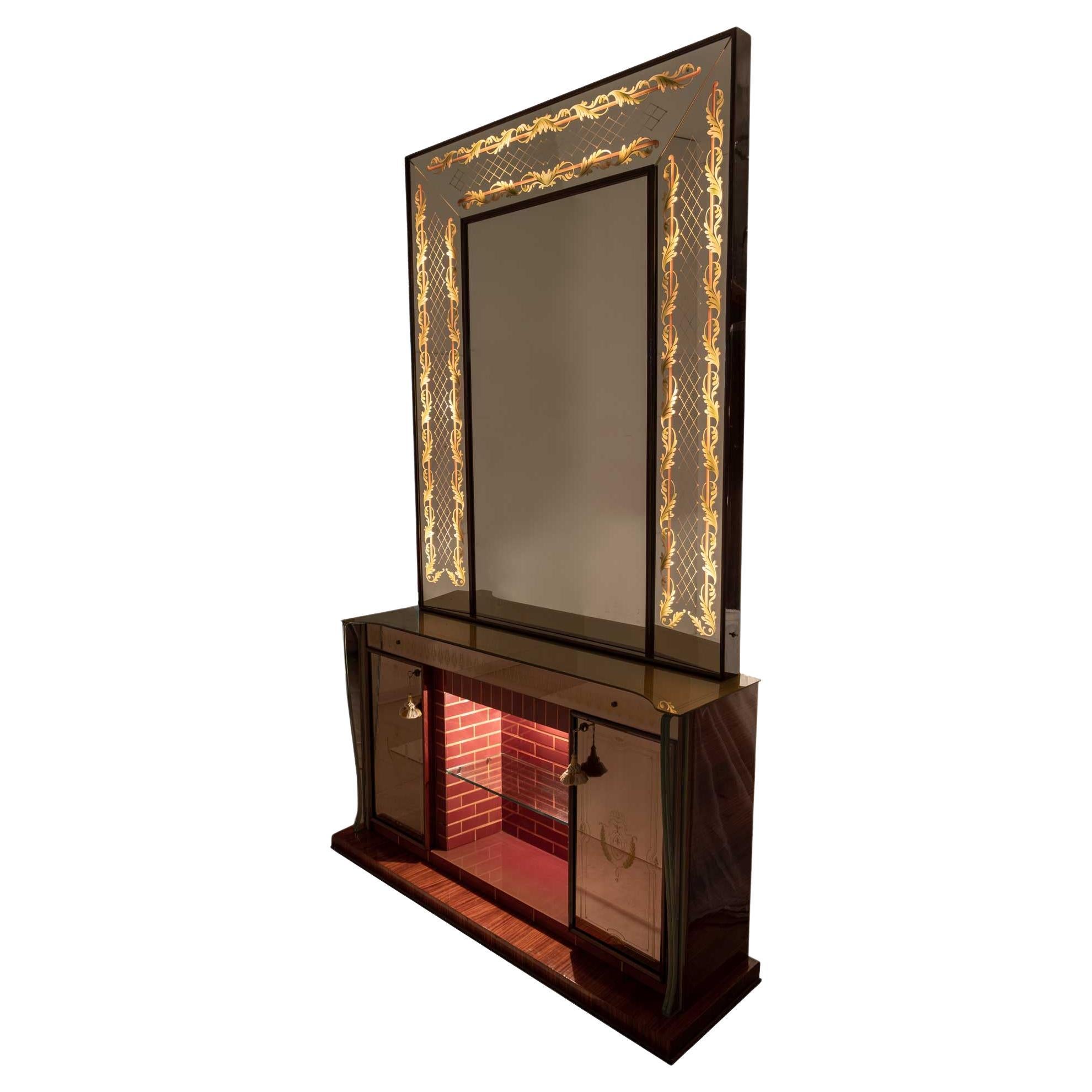 Luigi Brusotti Mid-Century Modern Italian Bar Cabinet with Decorated Mirror, 40s