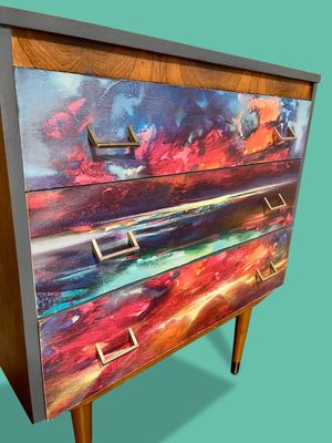 1950s chest of drawers with Neon bright abstract digital print decoupage front