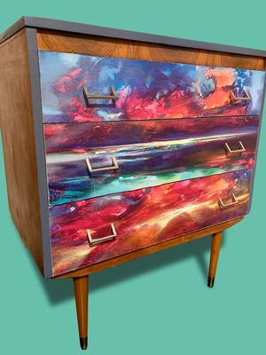 1950s chest of drawers with Neon bright abstract digital print decoupage front