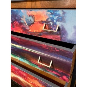 1950s chest of drawers with Neon bright abstract digital print decoupage front