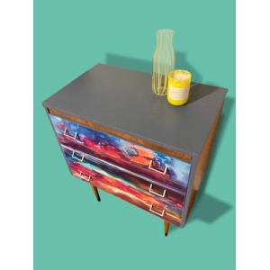 1950s chest of drawers with Neon bright abstract digital print decoupage front