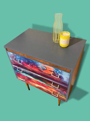 1950s chest of drawers with Neon bright abstract digital print decoupage front