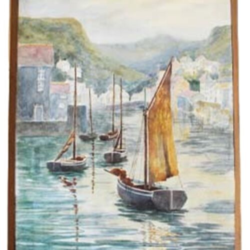 Watercolour of French Lake with Boats and Cottages 1950s