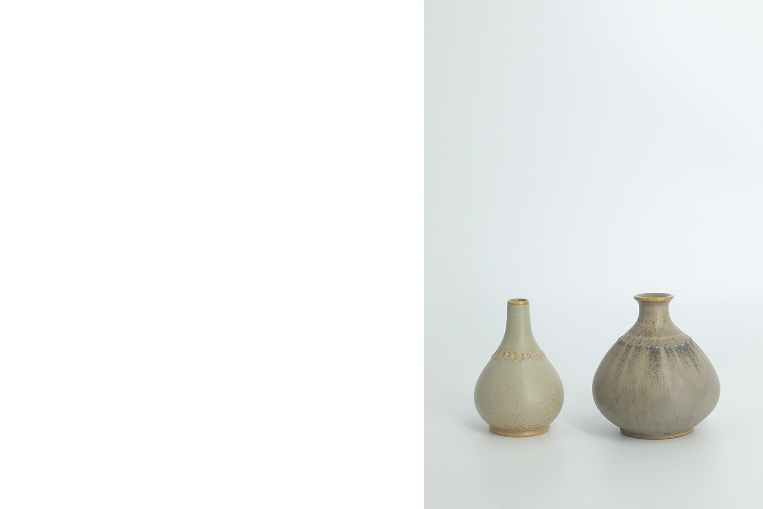Small Mid-Century Scandinavian Modern Collectible Pistachio Stoneware Vases by Gunnar Borg for Gunnars Keramik Höganäs, 1960s, Set of 2