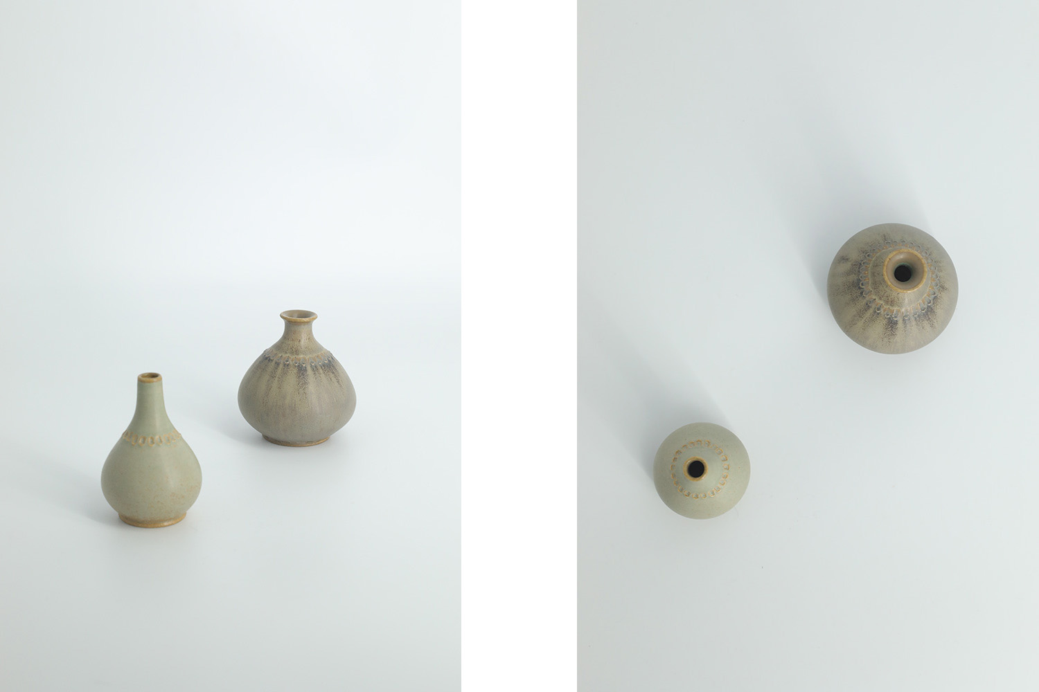 Small Mid-Century Scandinavian Modern Collectible Pistachio Stoneware Vases by Gunnar Borg for Gunnars Keramik Höganäs, 1960s, Set of 2
