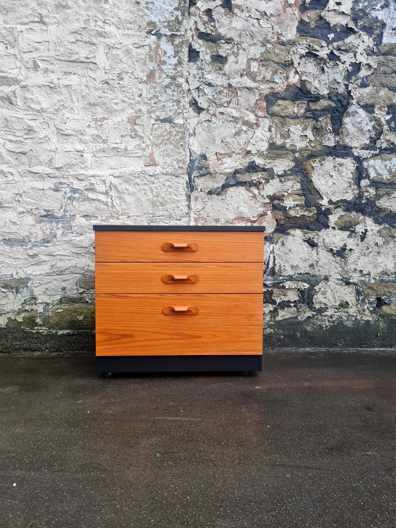 Mid Century Austinsuite Chest Of Drawers Three Drawer Oak And Black Cabinet