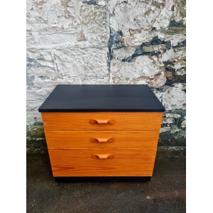 Mid Century Austinsuite Chest Of Drawers Three Drawer Oak And Black Cabinet