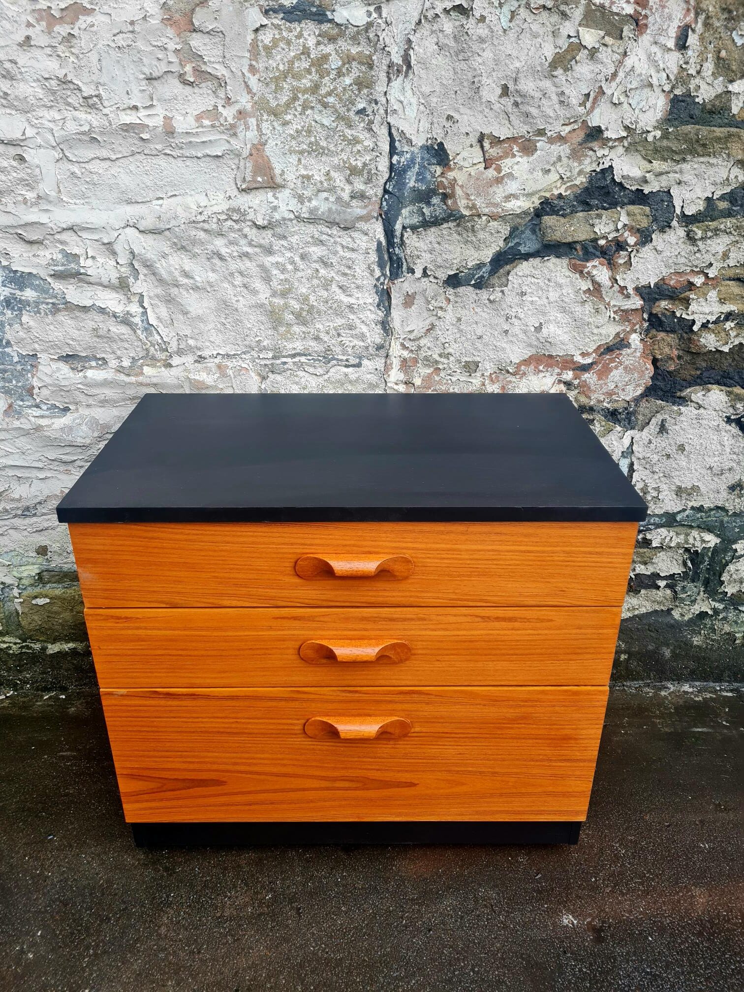 Mid Century Austinsuite Chest Of Drawers Three Drawer Oak And Black Cabinet