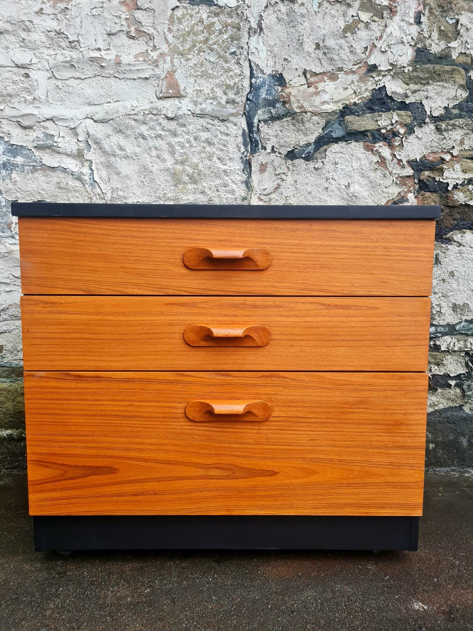 Mid Century Austinsuite Chest Of Drawers Three Drawer Oak And Black Cabinet