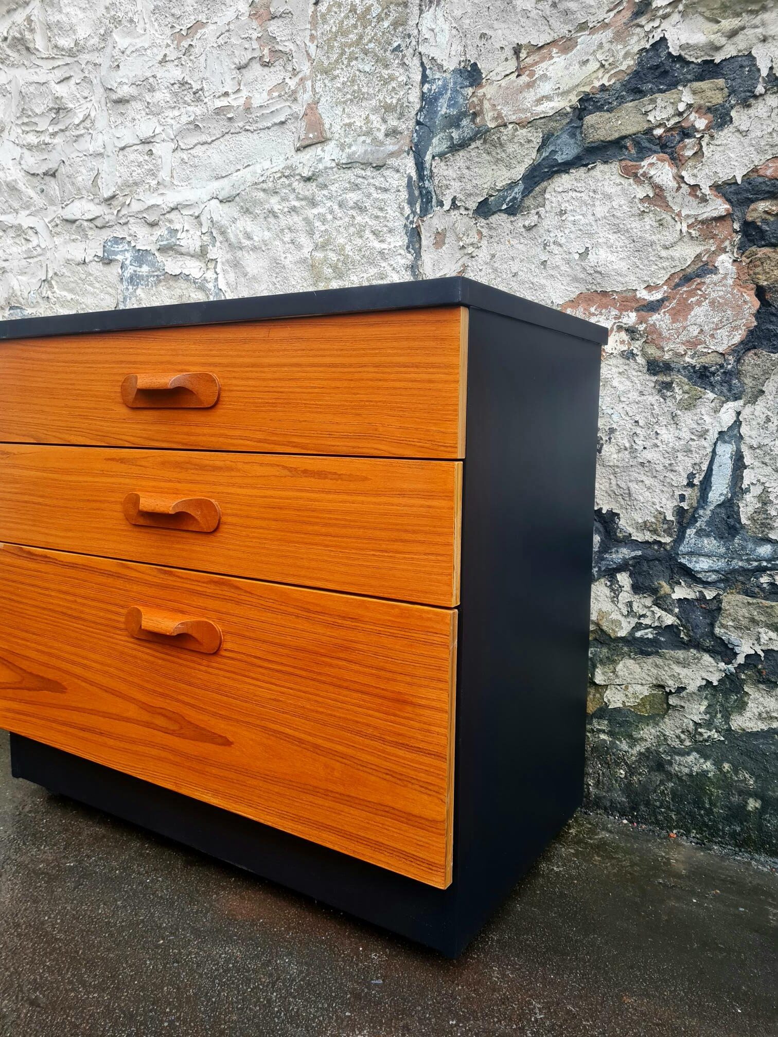 Mid Century Austinsuite Chest Of Drawers Three Drawer Oak And Black Cabinet