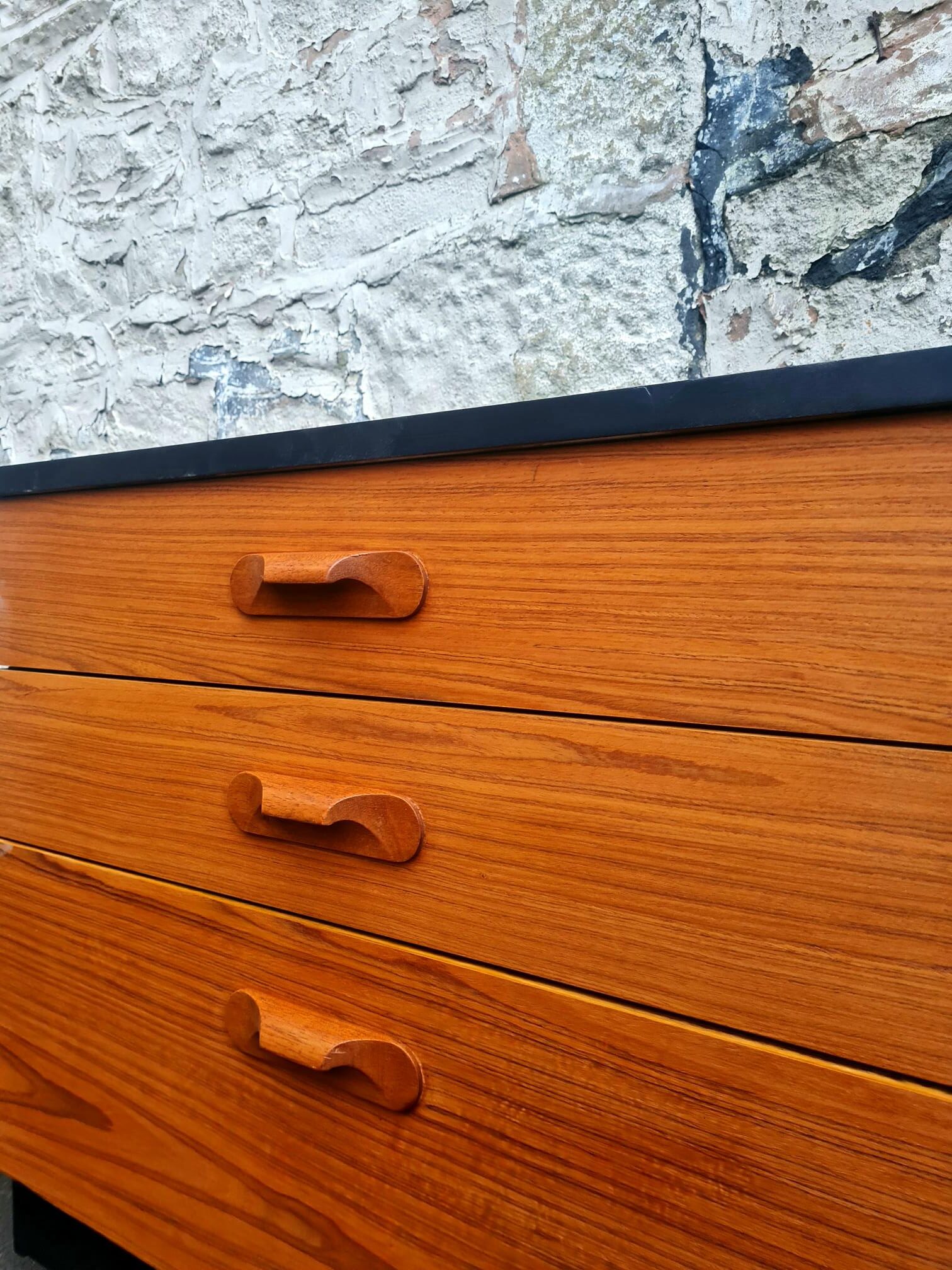 Mid Century Austinsuite Chest Of Drawers Three Drawer Oak And Black Cabinet