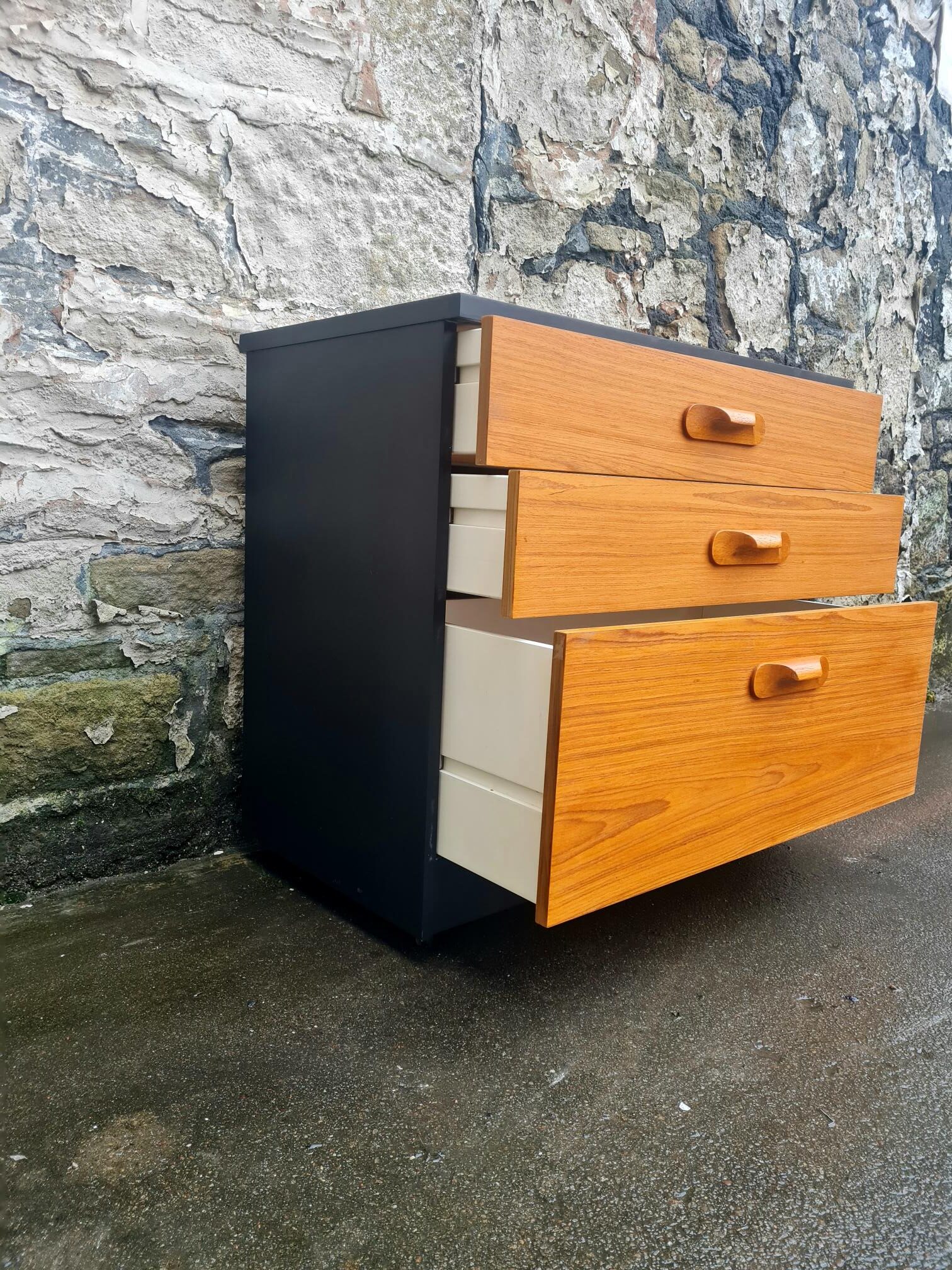 Mid Century Austinsuite Chest Of Drawers Three Drawer Oak And Black Cabinet