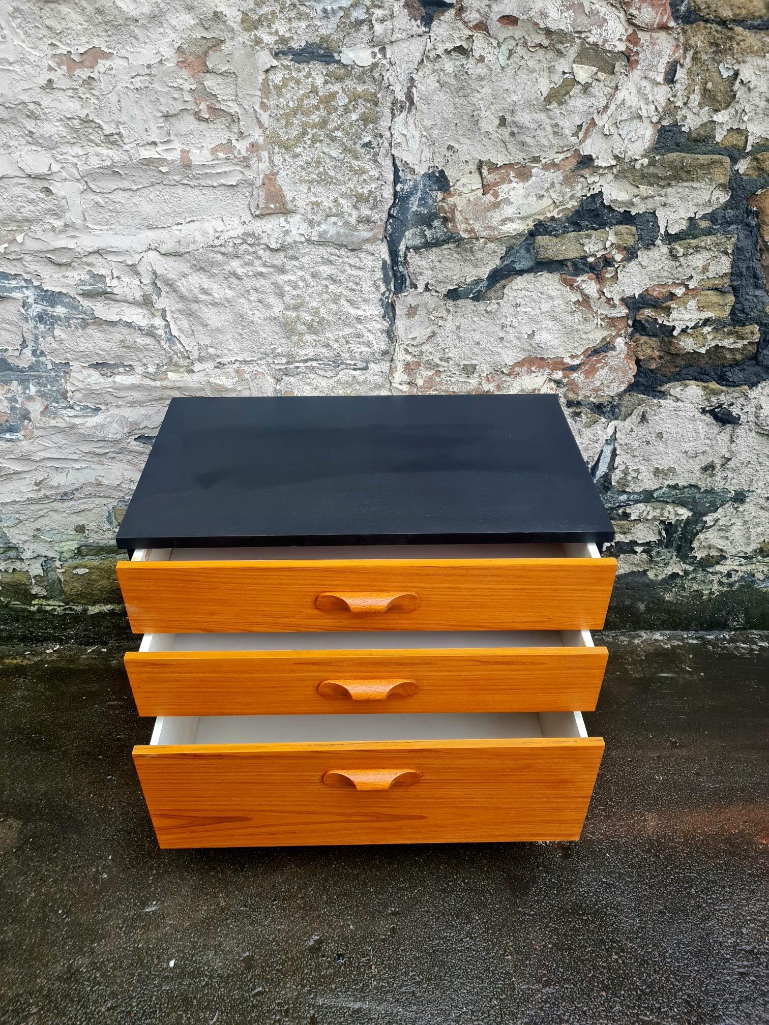 Mid Century Austinsuite Chest Of Drawers Three Drawer Oak And Black Cabinet