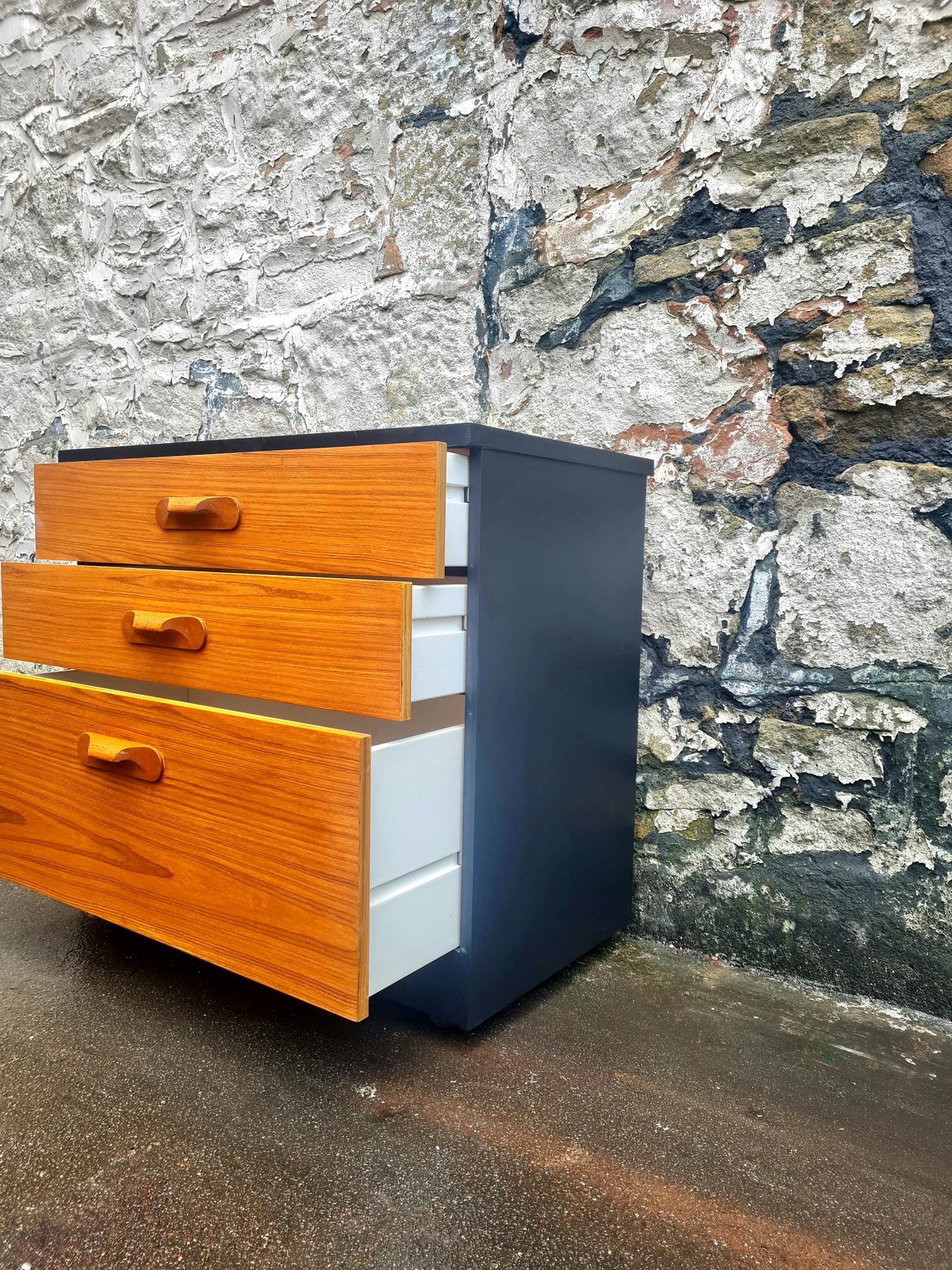 Mid Century Austinsuite Chest Of Drawers Three Drawer Oak And Black Cabinet