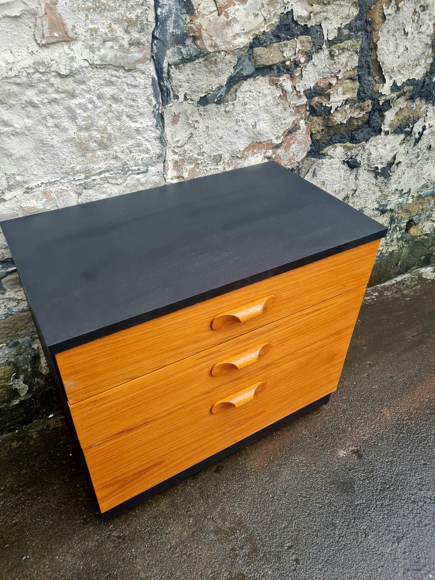 Mid Century Austinsuite Chest Of Drawers Three Drawer Oak And Black Cabinet