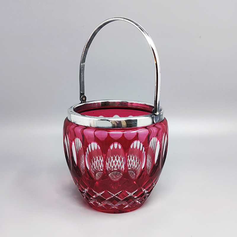 1960s Gorgeous Red Bohemian Cut Crystal Glass Ice Bucket. Made in Italy